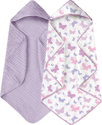 Hooded Baby Bath Towels 2 Pack 100% Muslin Organic Cotton with Hood