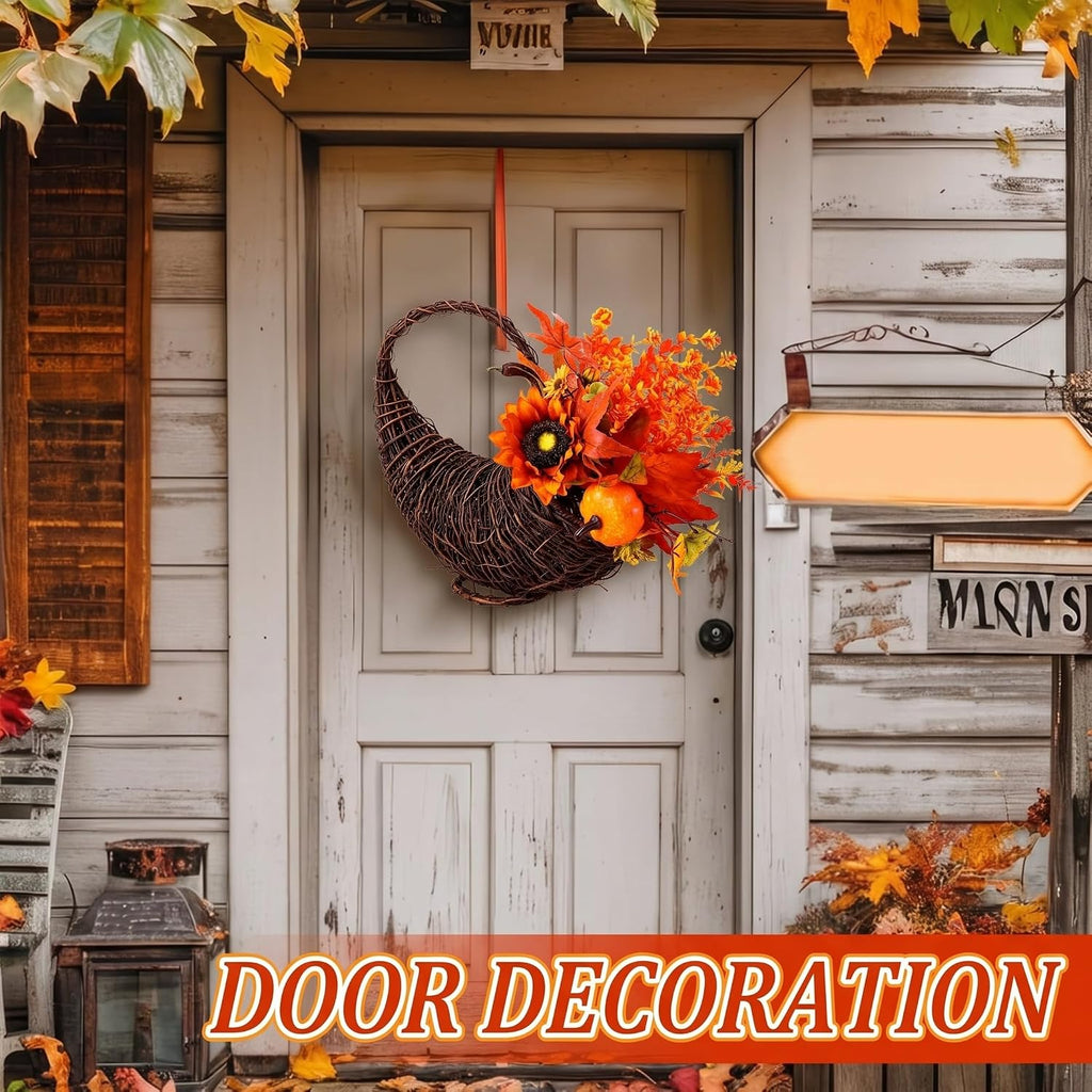 Rattan Cornucopia Basket Thanksgiving Fall Table Centerpiece