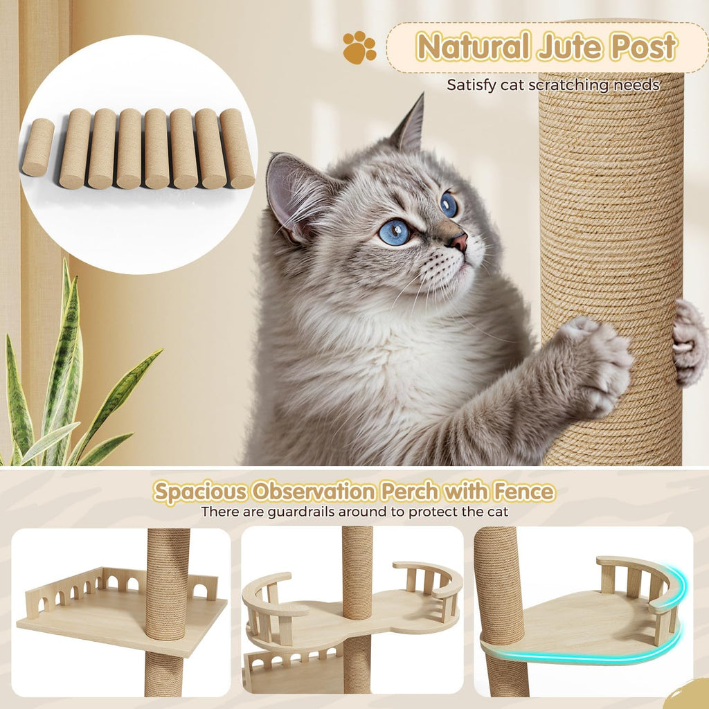 Cat Tree, Floor to Ceiling Cat Tree Height (86-106 in) Adjustable Cat Tower 6 Tier Hemp Scratching Post Cats Activity
