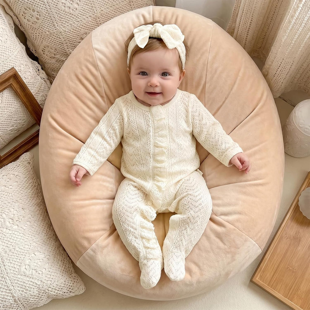 Infant Baby Girl Fall Outfit Romper Footies Solid Color Frills Ruffle Trim Jumpsuit Bodysuit Newborn Winter Clothes