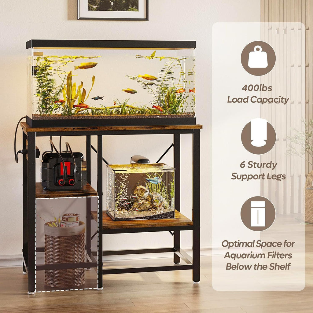20-29-37 Gallon Fish Tank Stand with Power Outlet, Rustic Brown