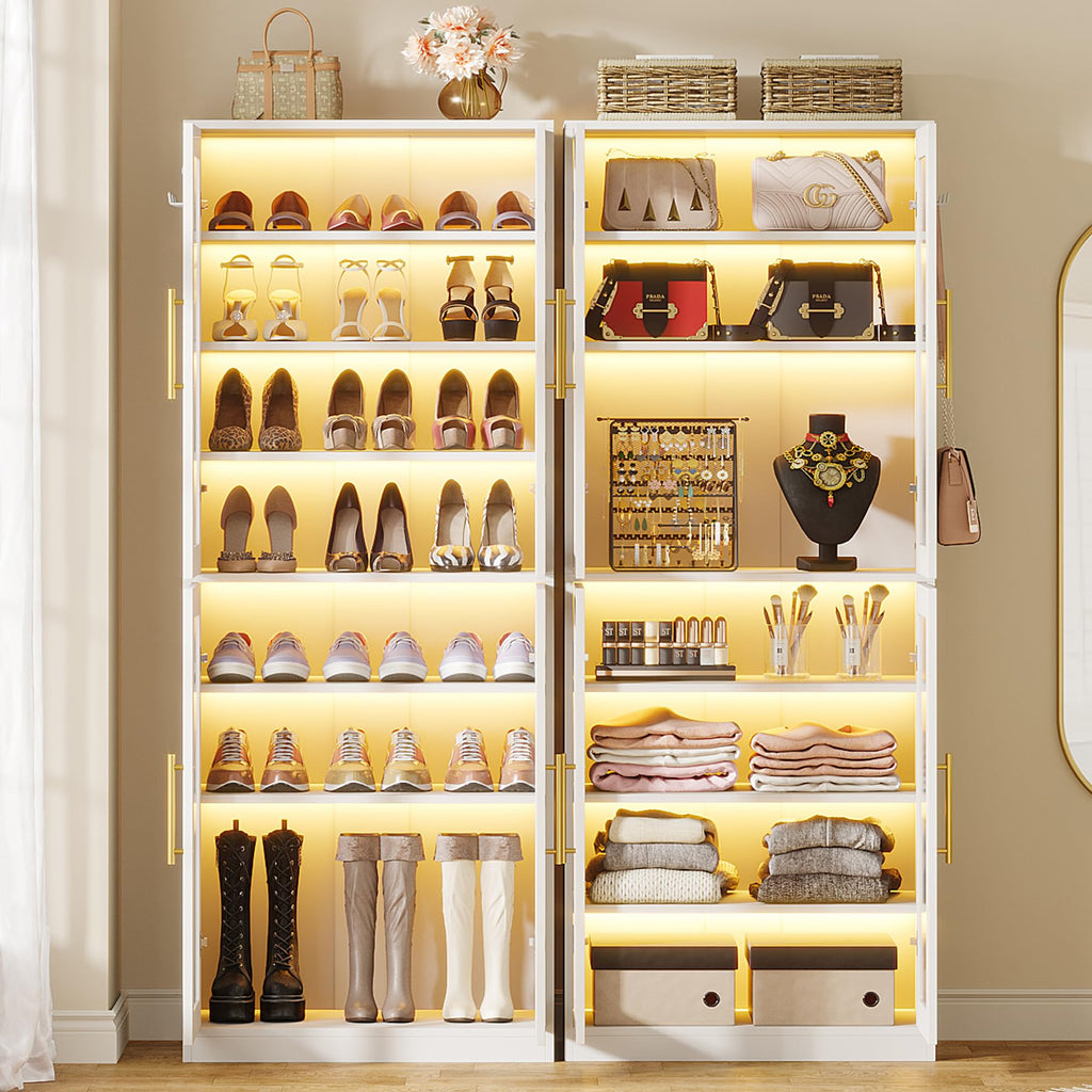 Tall Shoe Storage Cabinet with Acrylic Doors and LED Lights, 8-Tier Entryway Shoe Organizer Rack with Adjustable