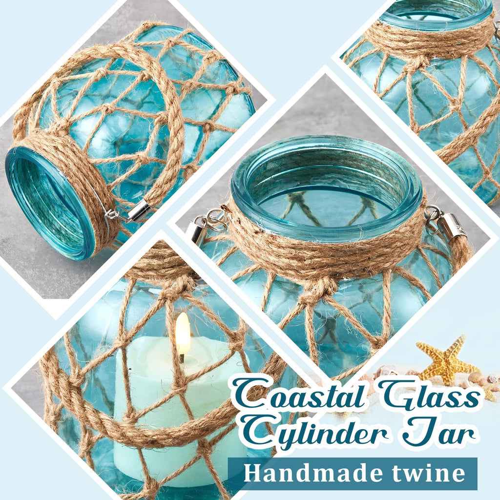 2 Set Nautical Lanterns Rope Handle, Coastal Glass Jar, Blue