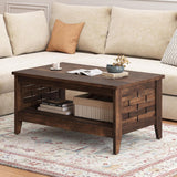 Farmhouse Coffee Table, 2-Tier Center Table with Storage Open Shelf & Woven Slatted Design