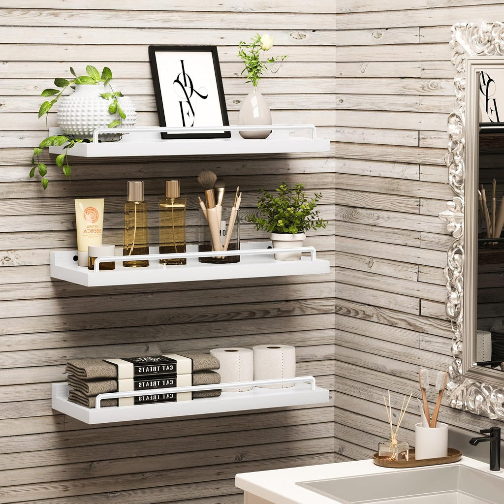 Floating Shelves for Wall Decor, White Shelves , Picture Frames, Plants, Kitchen (Set of 3)