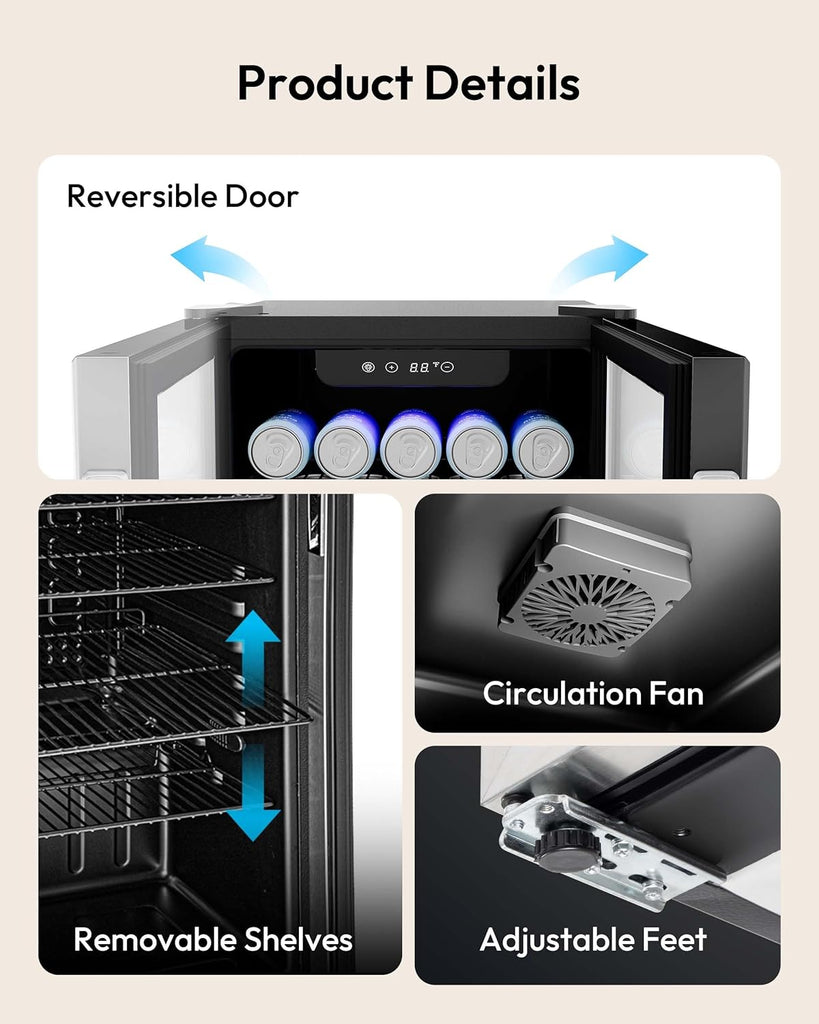 Mini Fridge 130 Can Beverage Refrigerator Cooler Glass Door for Soda Wine Beer, 
