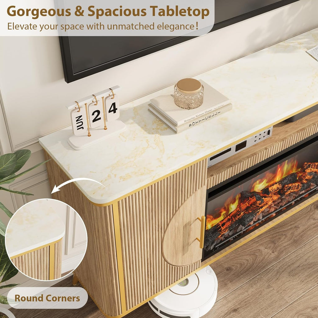Fluted Fireplace TV Stand Up to 80" TVs, Modern Entertainment Center with 30" Electric Fireplace, Luxury Media