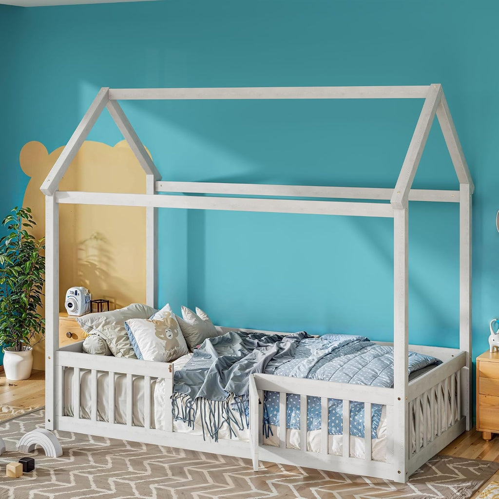 Wooden House Bed, Floor Bed with Fence and Door, Guardrail, White