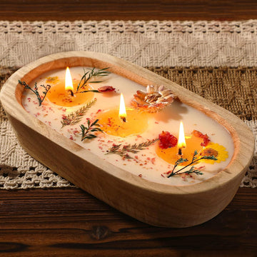 9.45'' Large Botanical Scented Bowl Candle Gift for Women Dried Flowers Wooden Dough Bowl Soybean Wax Candles