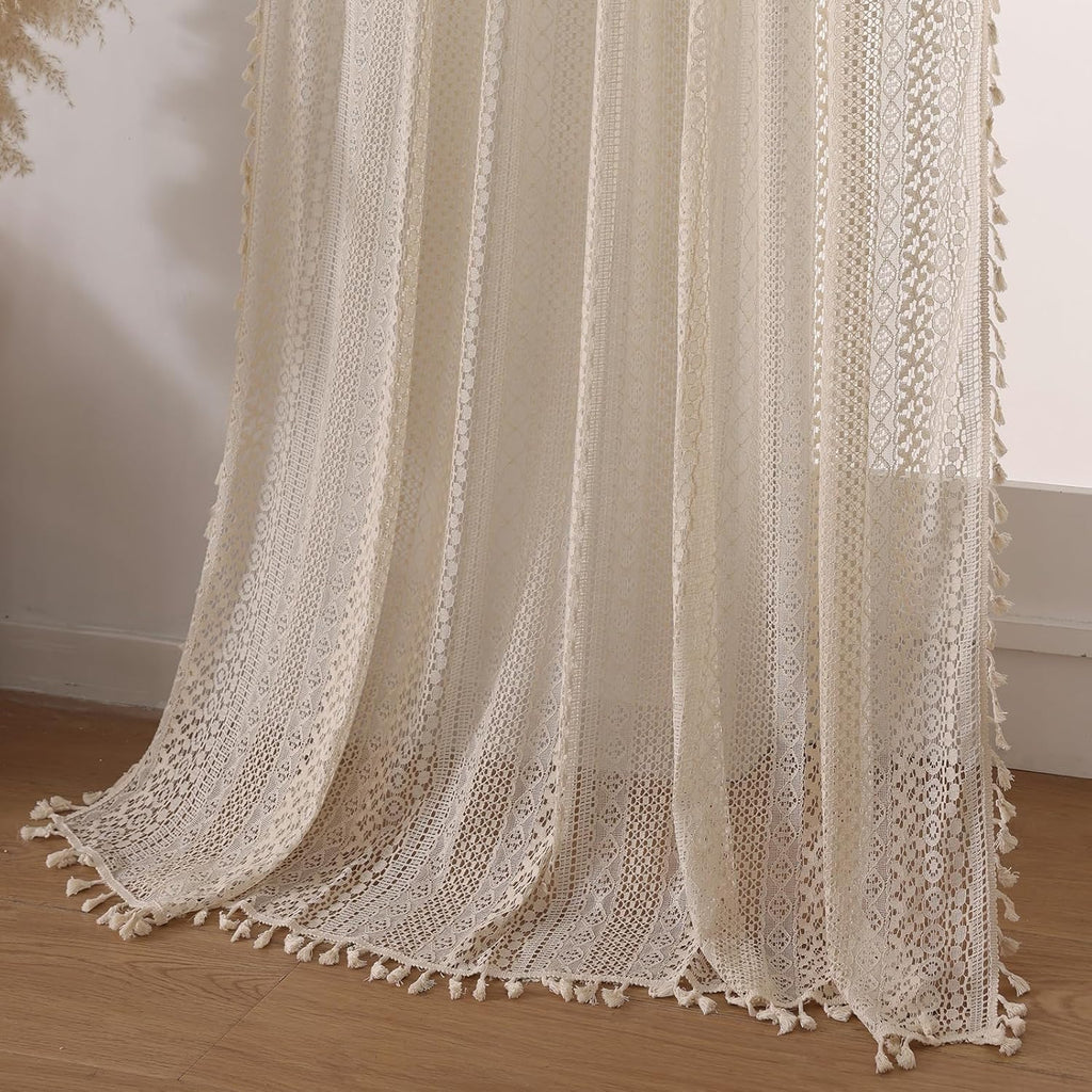 Boho Crochet Curtains for Living Room Lace Curtains 84 Inches Long 2 Panel, Rod Pocket Vintage Tassel Bohemian Decor