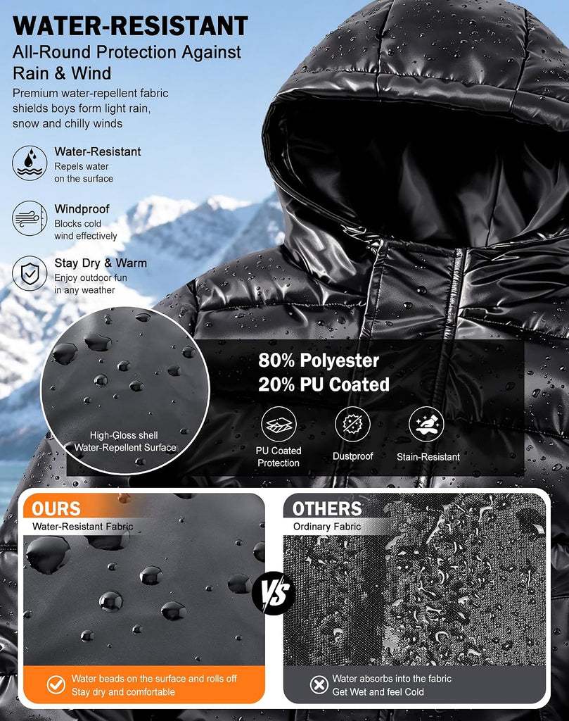 Boys Shiny Puffer Hooded Jacket Wash-Free Winter Coat