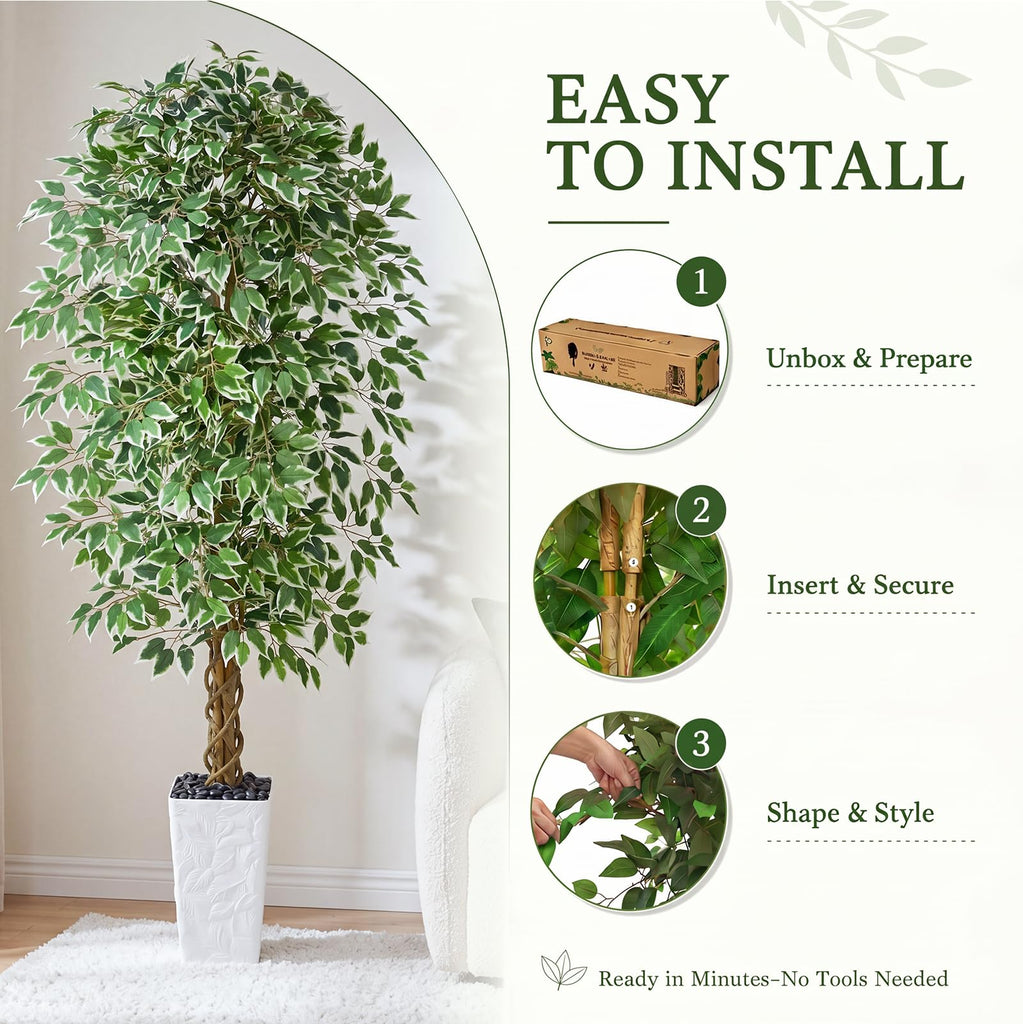 Ficus Tree 7FT, Large Fake Tree Decor (White Planter)