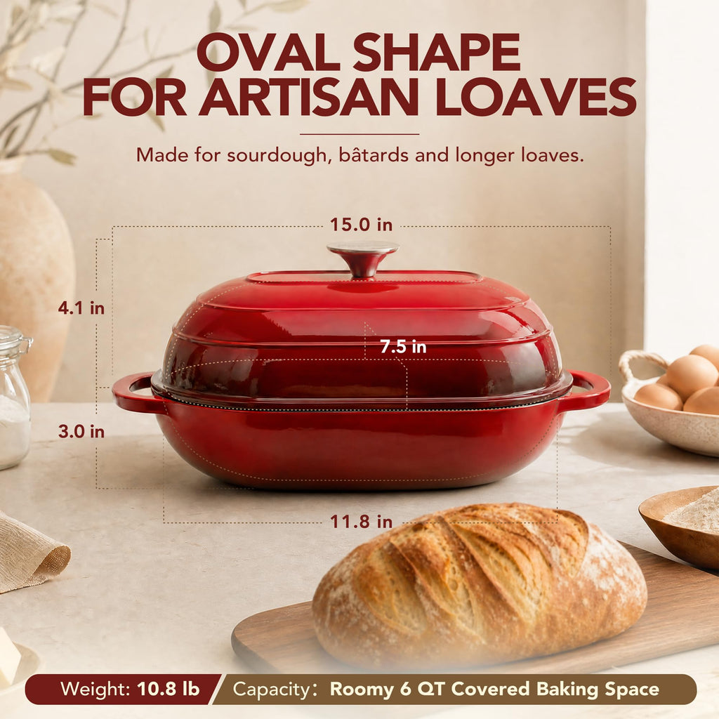 Enameled Cast Iron Bread Oven, Oval Sourdough Dutch Oven & Lid