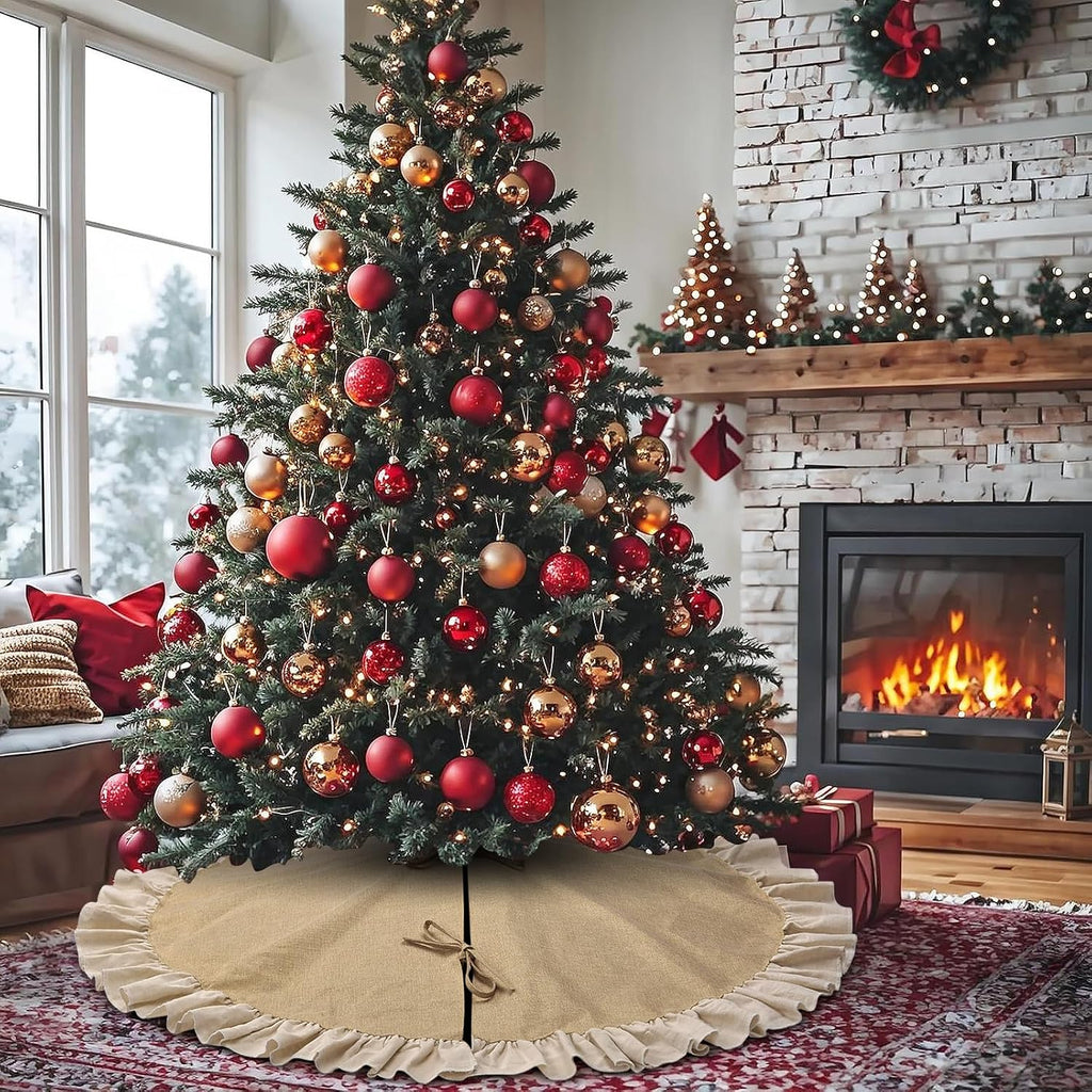 Burlap Fall Christmas Tree Skirt with Ruffle, 48'' Large Tree Decorations