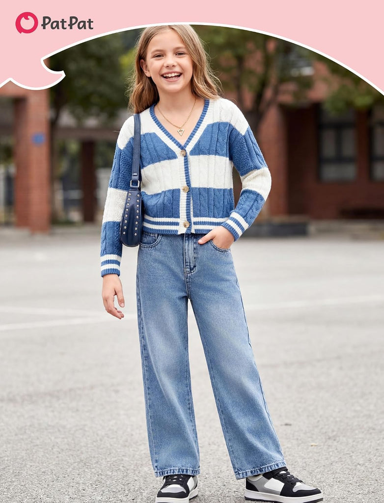 Girls Baggy Wide Leg Jeans, Cute Bow Elastic Waist Denim Pants