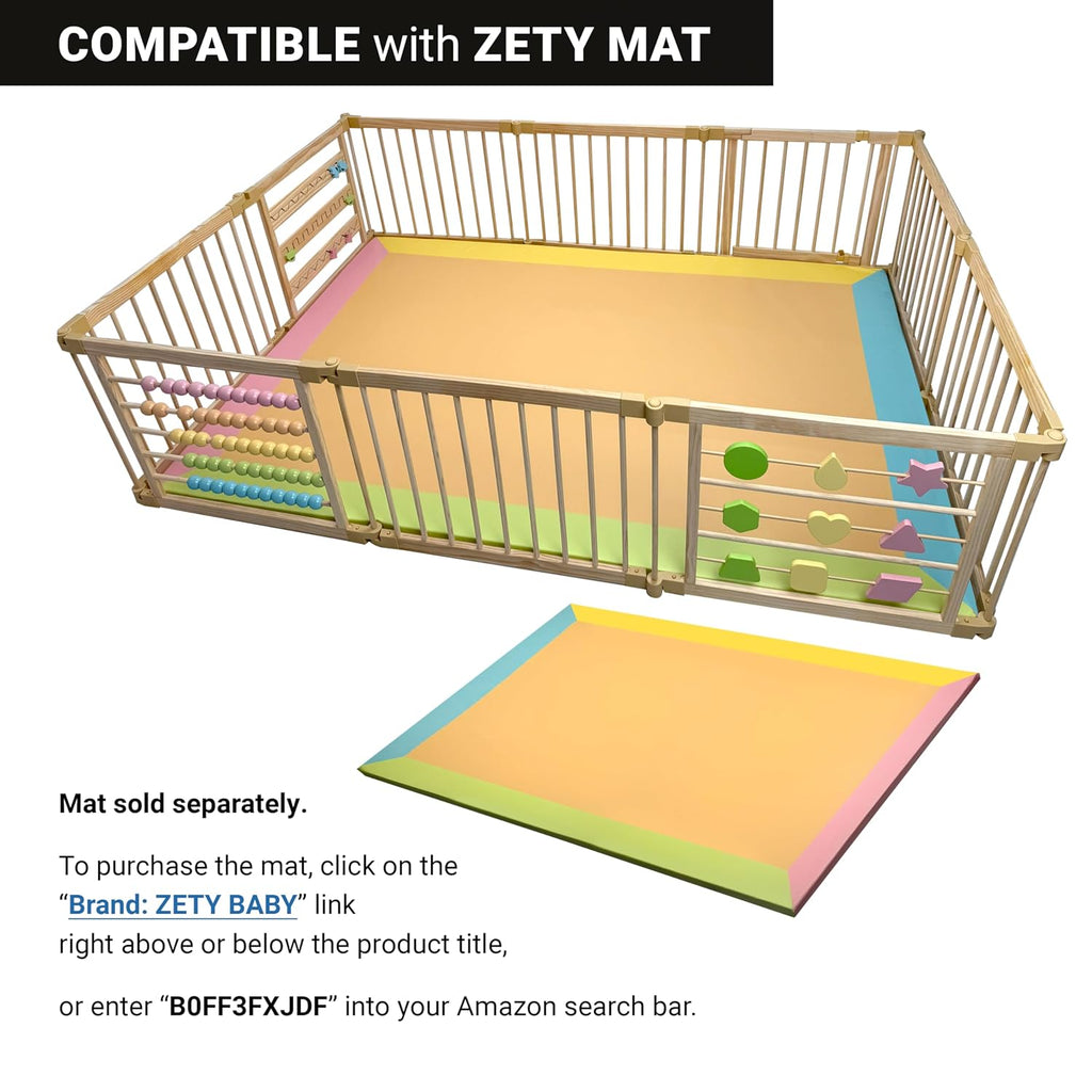 Natural Wood Baby Playpen - 8 or 10 Panel Foldable Play Yard with Door Panel and Built-in Toys, CPC Certified & SGS