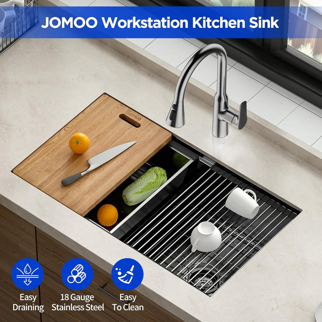 32‐Inch Nano‐Coated Stainless Steel Workstation Sink, 10′′ Deep Single Bowl Undermount Kitchen Sinks, Handmade