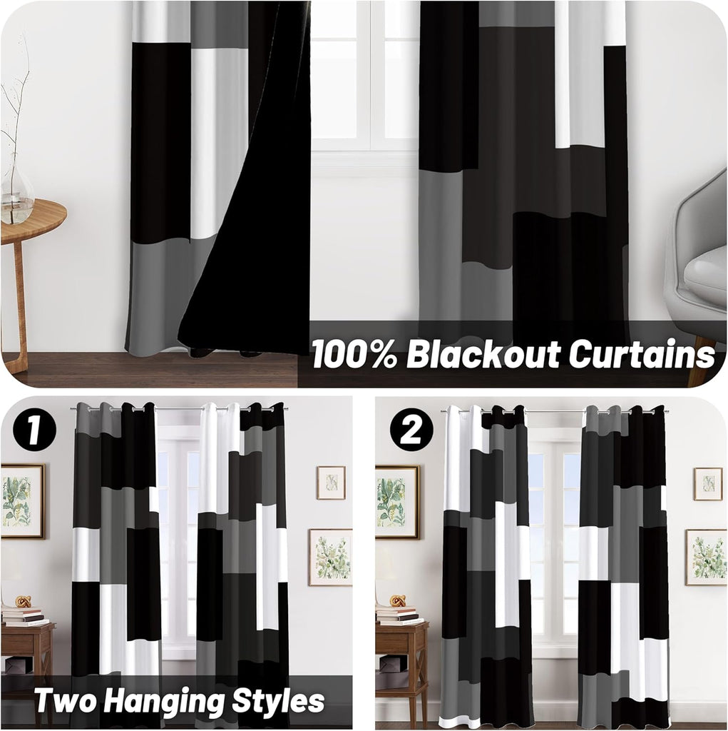 Black Grey 100% Blackout Curtains for Bedroom 96 inch Long 2 Panels Set White Grey Modern Abstract Geometric Black
