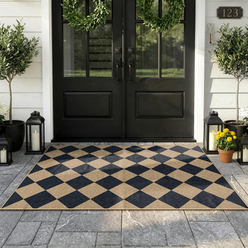 Checkered Easy Jute 3x5 Entryway Front Porch Rug, Black Diamond Indoor Outdoor Patio Layering Rug, Washable Farmhouse