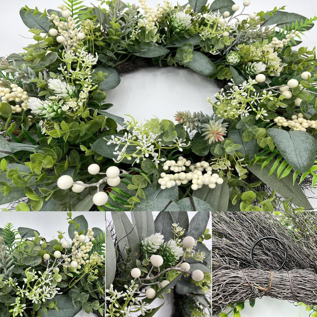 24 Inch Greenery Wreaths for Front Door - Artificial Eucalyptus Wreath with White Berries and Mixed Green Leaves