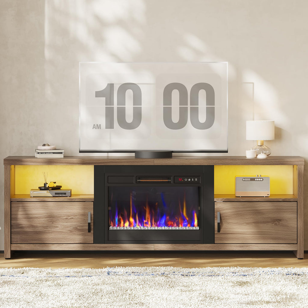 70 Inch for 75" TVs, Modern Entertainment Center with LED Lights, Storage Cabinets and Adjustable Shelves, Pinewood