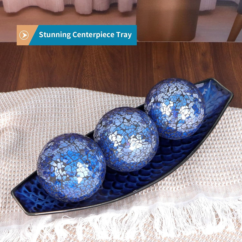 16" Large Ceramic Decorative Tray and 4" Glass Mosaic Balls Set of 4, Long Boat Shaped Centerpiece Bowl and Orbs Set