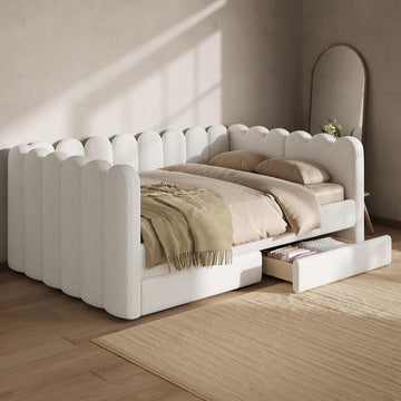 Queen Size Lambswool Upholstered Daybed with 2 Storage Drawers, Modern White Soft Daybed Frame, Curved Ribbed Panel