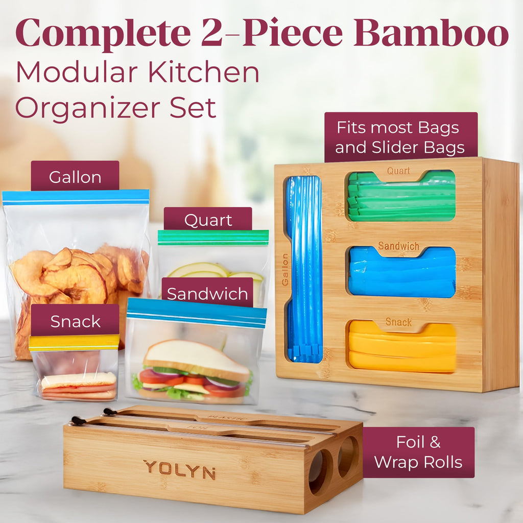 Bamboo Food Storage Bag Organizer for Drawer with Foil & Plastic Wrap Dispenser - Premium Detachable Kitchen