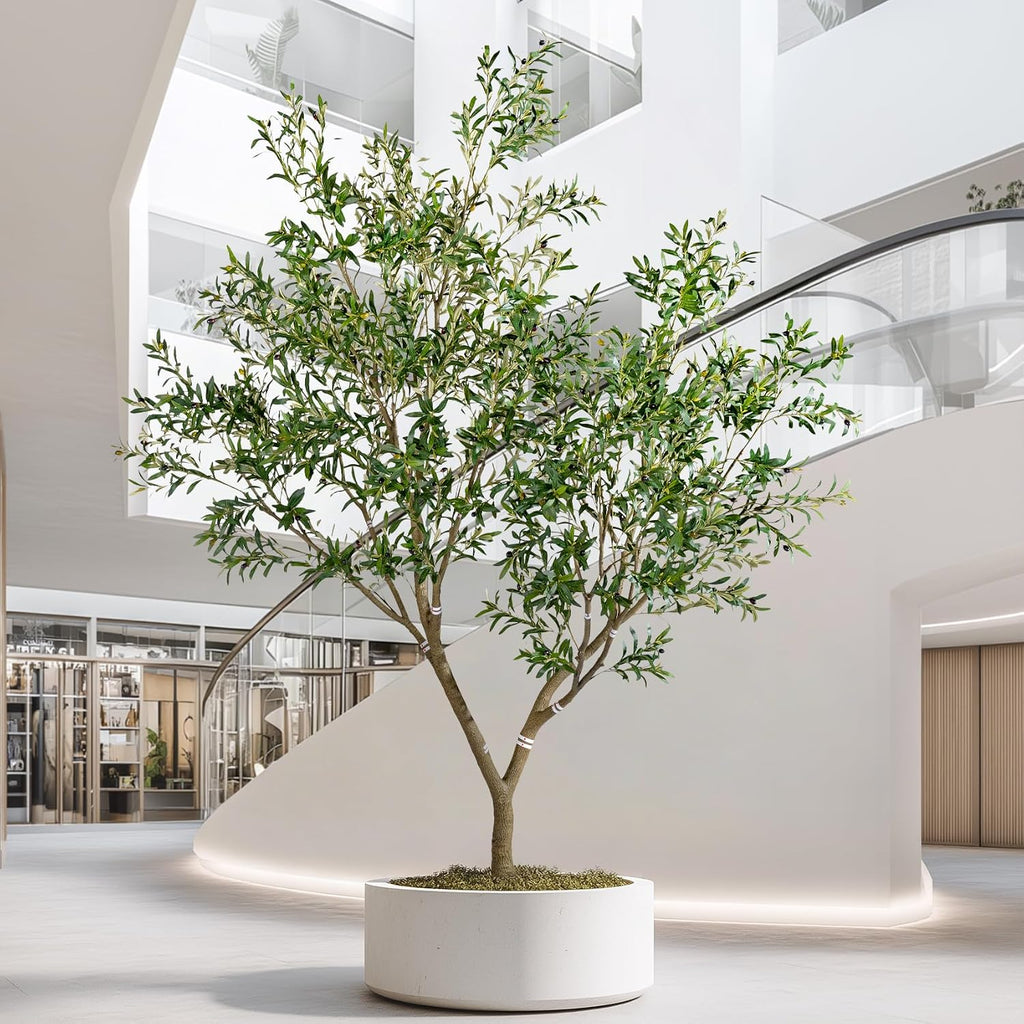 10ft Faux Olive Tree with White Pot & Moss, Artificial Olive Tree Indoor Outdoor, PE/PVC Leaves, Realistic Resin