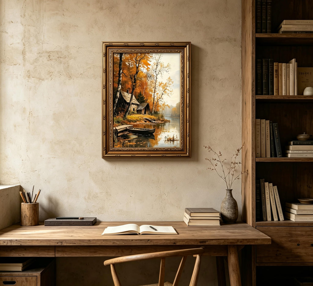 Vintage Gold Framed Wall Art, Autumn Lake Cabin with Boat Oil Painting Print, Rustic Fall Landscape Decor, Cabin