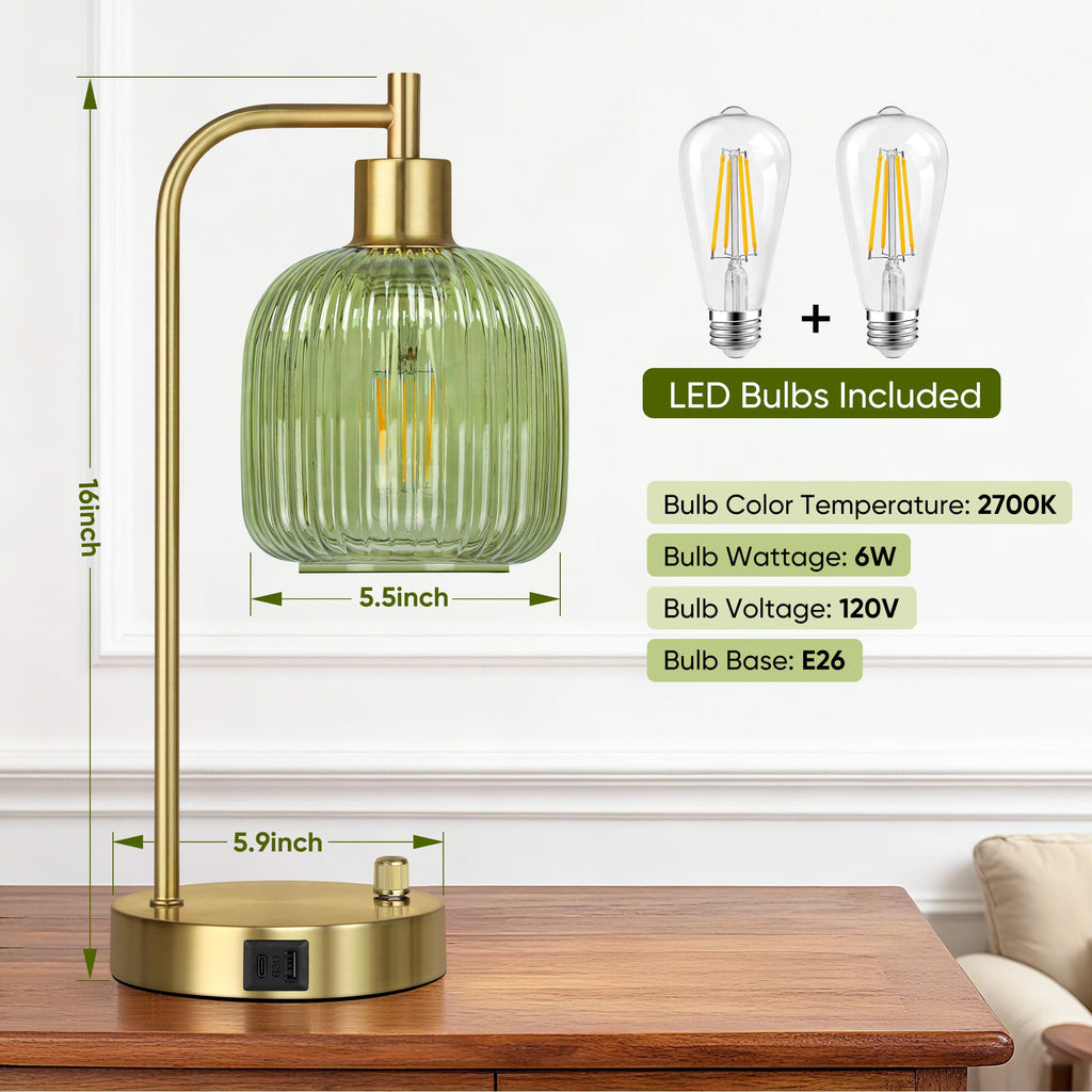 Green Glass Table Lamps Set of 2, Dimmable Bedside Lamps
