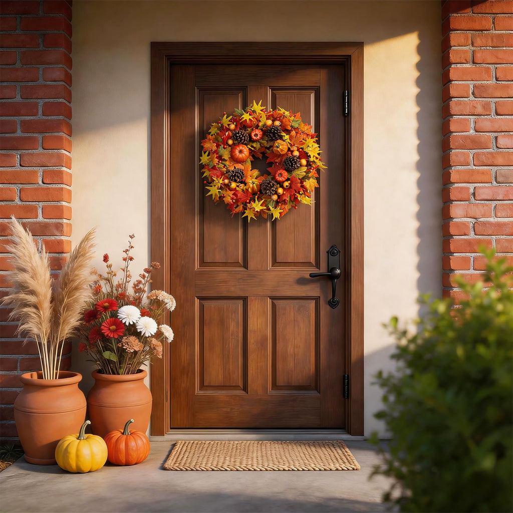 Fall Wreaths for Front Door 24 Inch Fall Wreath with Orange Pumpkins Pinecones Maple Leaves Large Berries Autumn