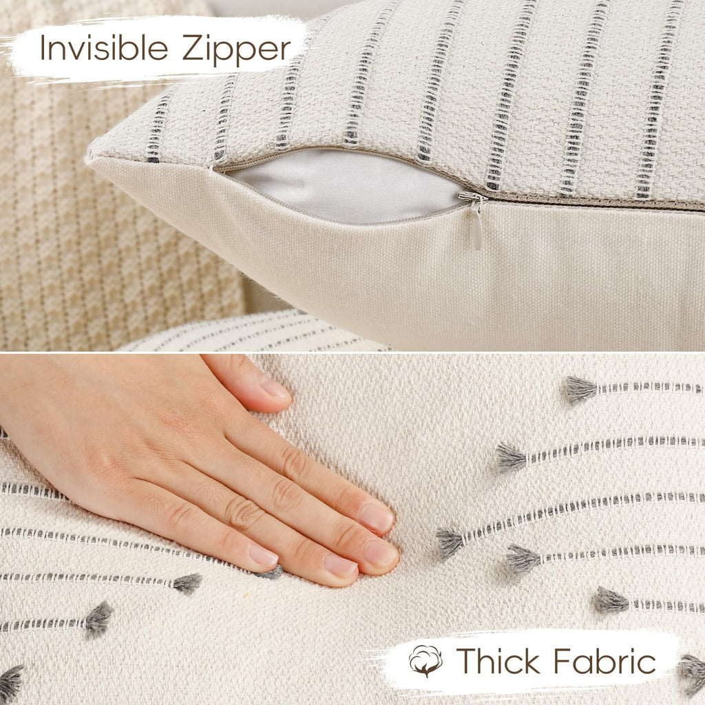 Boho Outdoor Throw Pillow Covers 22x22 Set of 2 Neutral Woven Decorative Pillowcases Cotton Tufted Couch Pillows