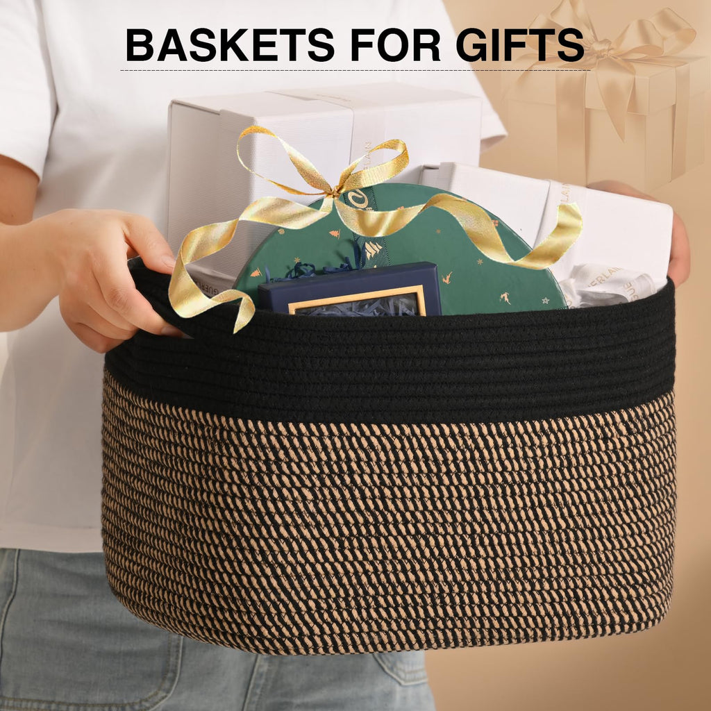 Woven Cotton Rope Baskets for Gifts Empty, 15×11×9.5 Jute & Black