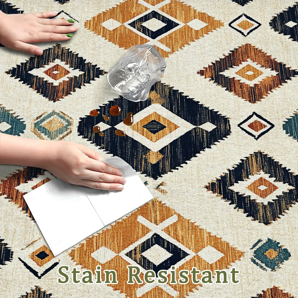 9x12 Western Aztec Rug Southwestern Tribal Navajo Black Beige Tan Area Rug Non Slip Low Pile Thin Large Carpet