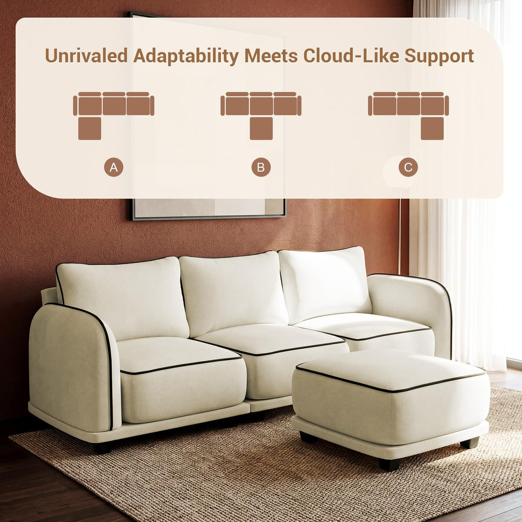 104 Inch L Shaped Modular Sectional Sofa, 4 Seater Modern Cloud Chenille Comfy Couch with Movable Ottoman & 3 Back