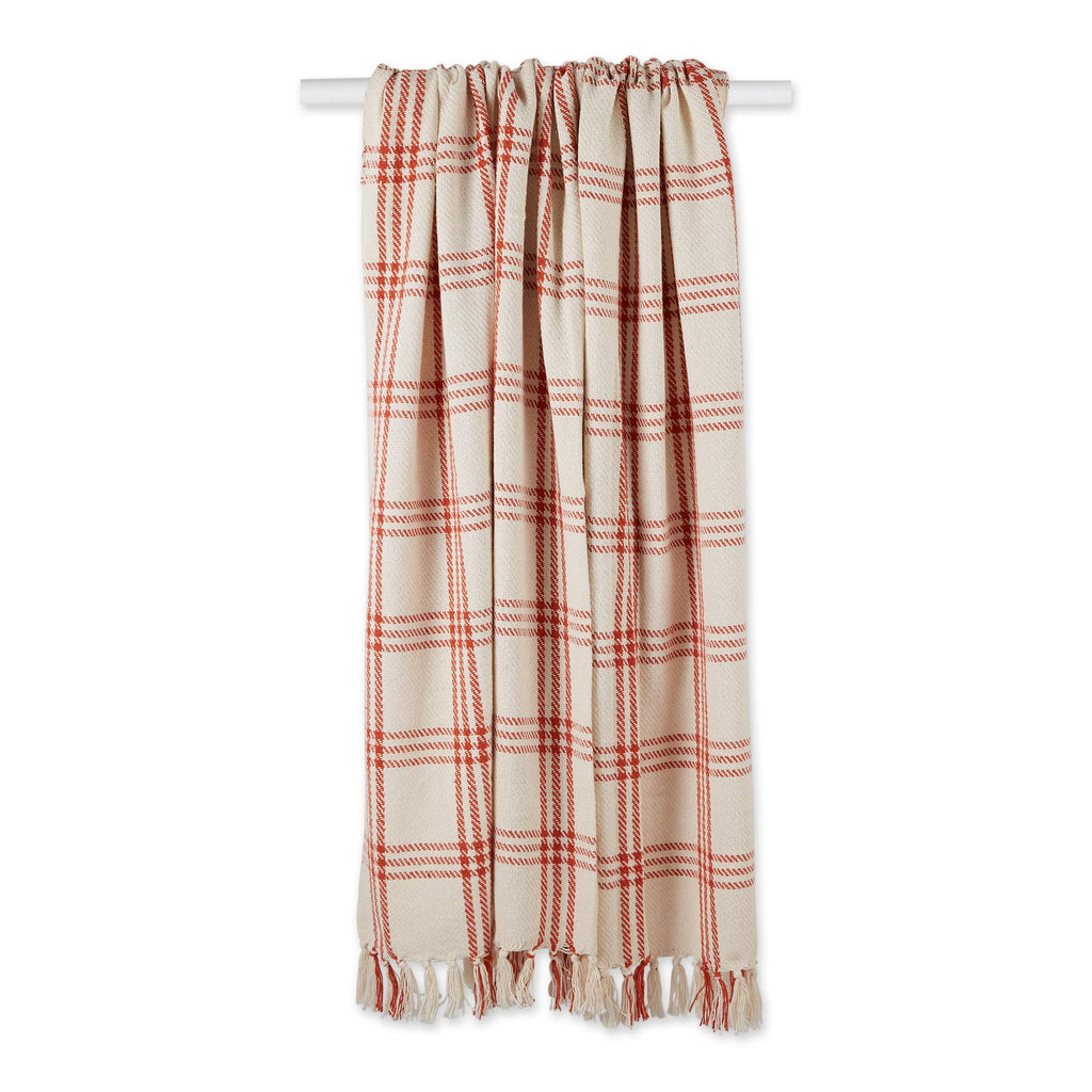 Modern Farmhouse Plaid Collection Cotton Fringe Throw Blanket, 50x60, White/Vintage Red