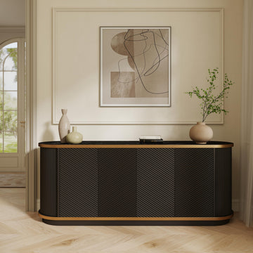 Fluted Sideboard Cabinet with Marble Top, Black with Gold Trim