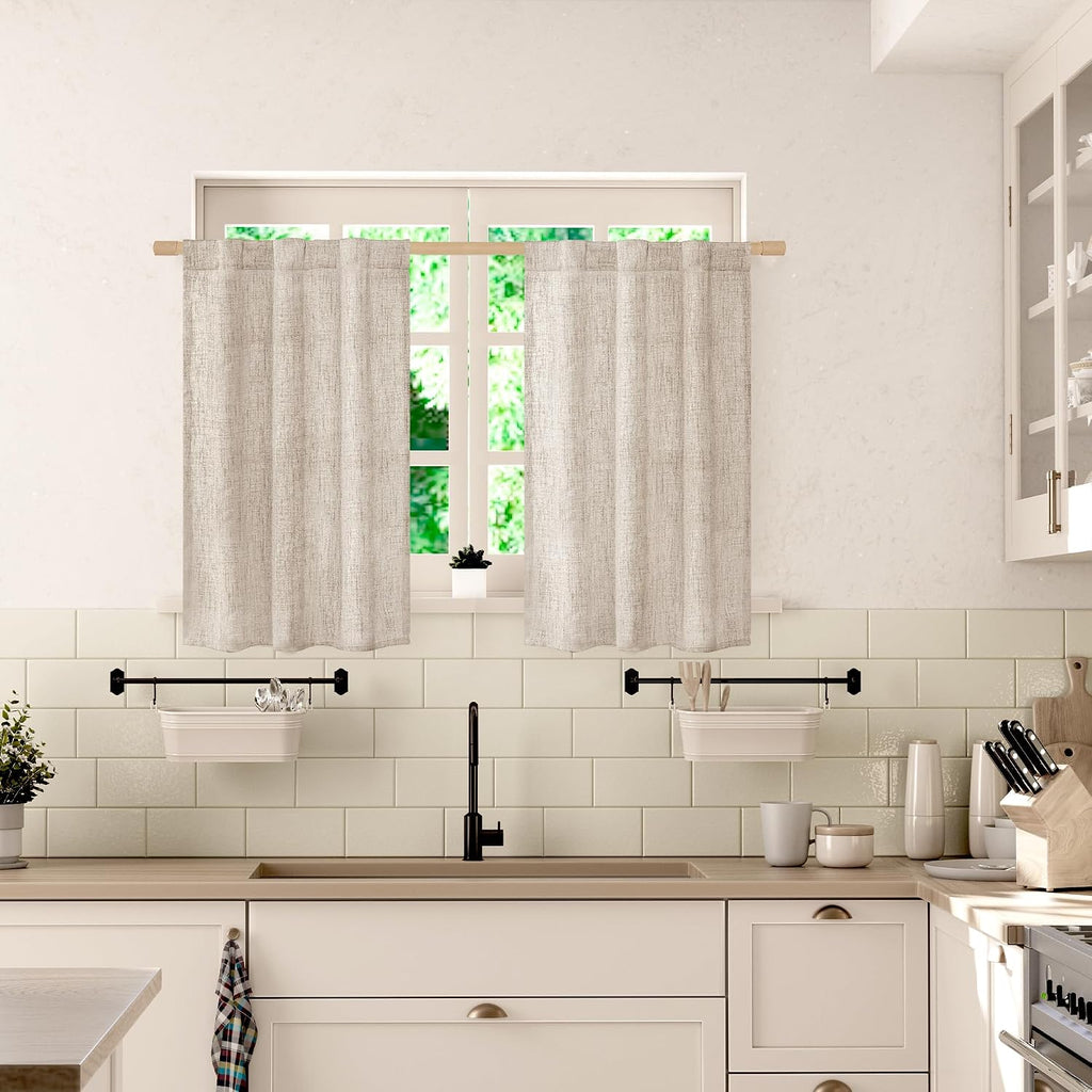 Short Linen Curtains 30 Inch Length Over Sink, Rod Pocket Textured Window Drapes Light Filtering Semi Sheer Cafe - Set of 2