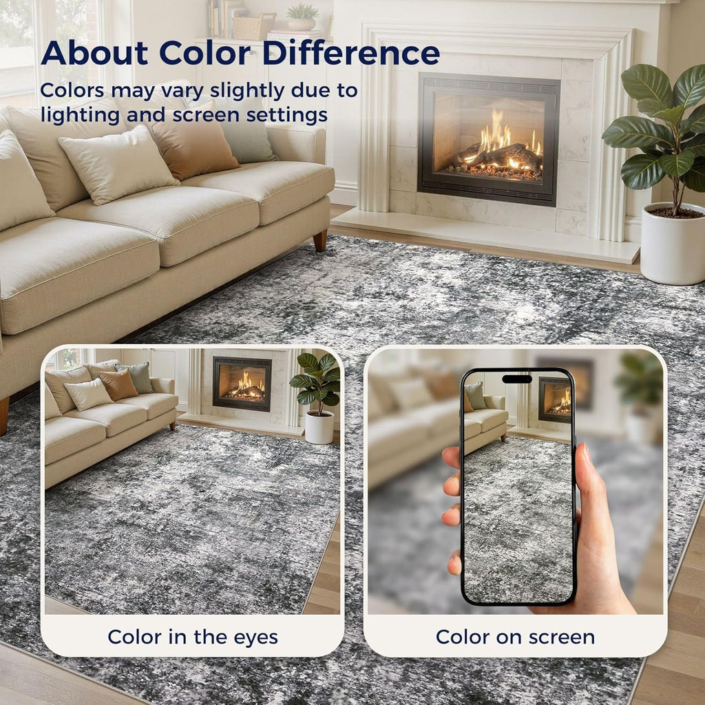 Area Rug Living Room Rugs - 10x14 Abstract Large Soft Indoor Washable Rug Neutral Modern Low Pile Ca