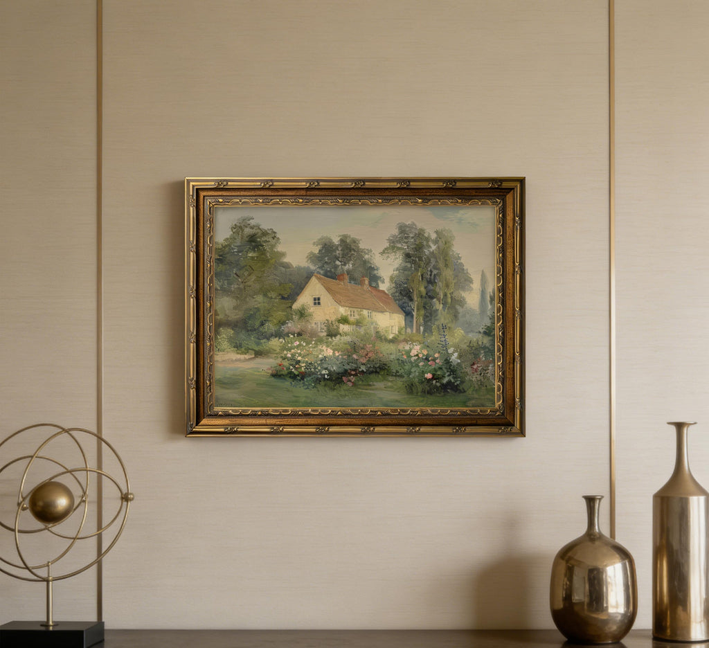 Vintage Carved Gold Frame Canvas Wall Art Classical Nature Landscape Painting Picture Wall Decor Rustic Cottage