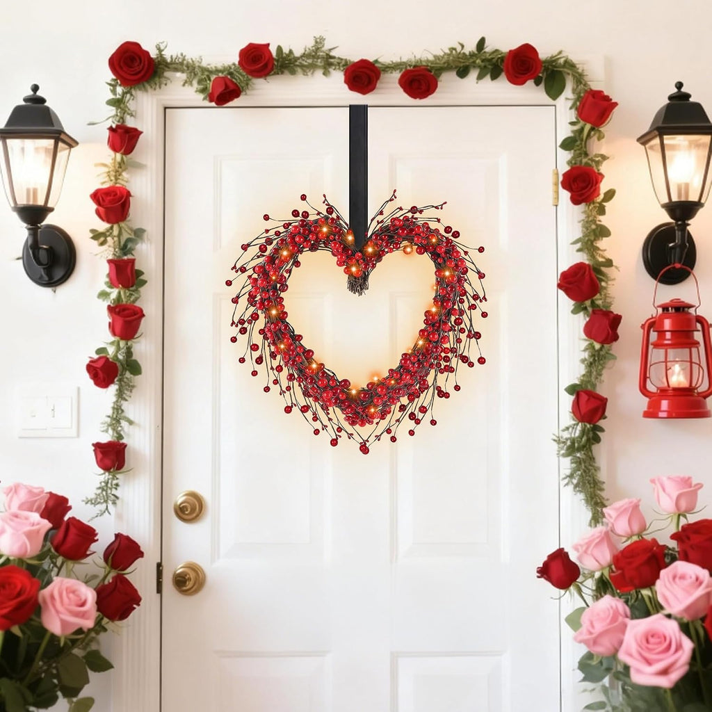 Valentine's Day Wreath, 15" LED Lighted Red Berry Heart Shaped Valentines Wreaths for Front Door, Battery Operated