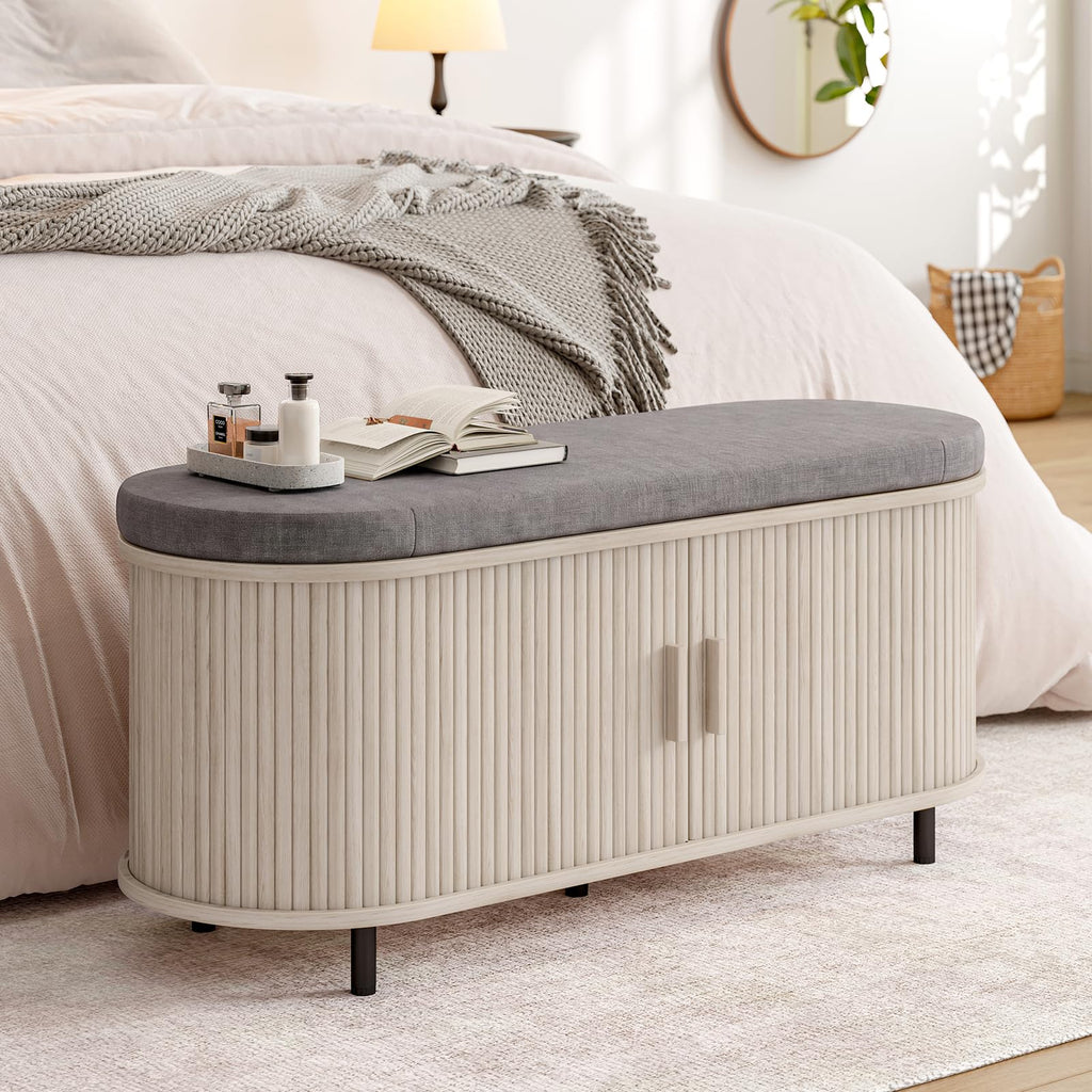 43" Shoe Bench with Storage, Fluted Shoe Storage Bench, White
