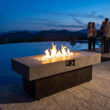 56" Fire Table 50000 BTU, Rectangle Outdoor Patio Heater | Brown & grey steel frame, 56x23x18 in, 3 heights