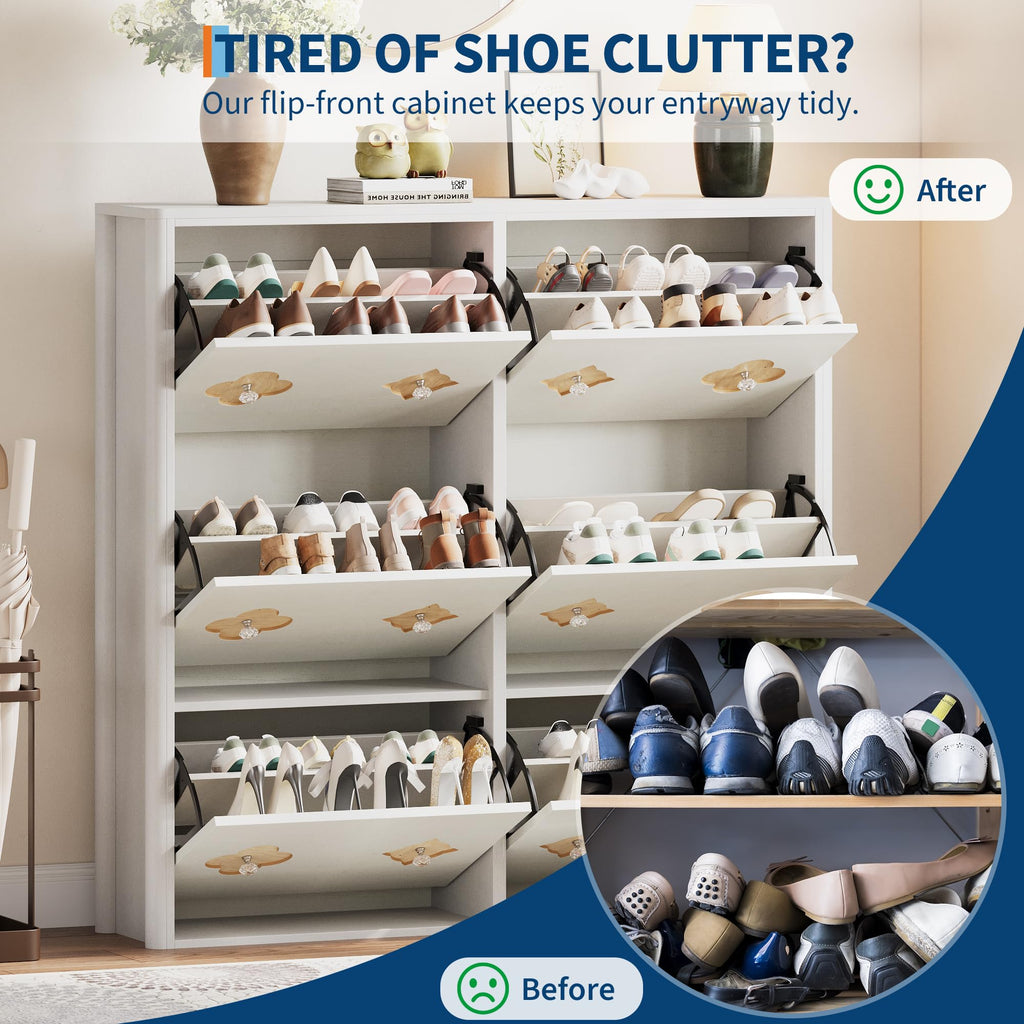 Shoe Storage Cabinet with 6 Flip Drawers, Narrow Wood Shoe Organizer Cabinet with Floral Pattern, Freestanding Slim