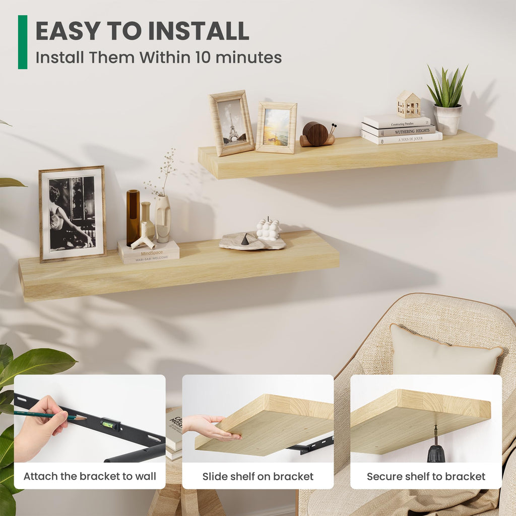Solid Wood Floating Shelves For Wall, 36"W x 9"D x 1.56"H Large Wall Shelves Bedroom Bathroom Kitchen Drcor Storage
