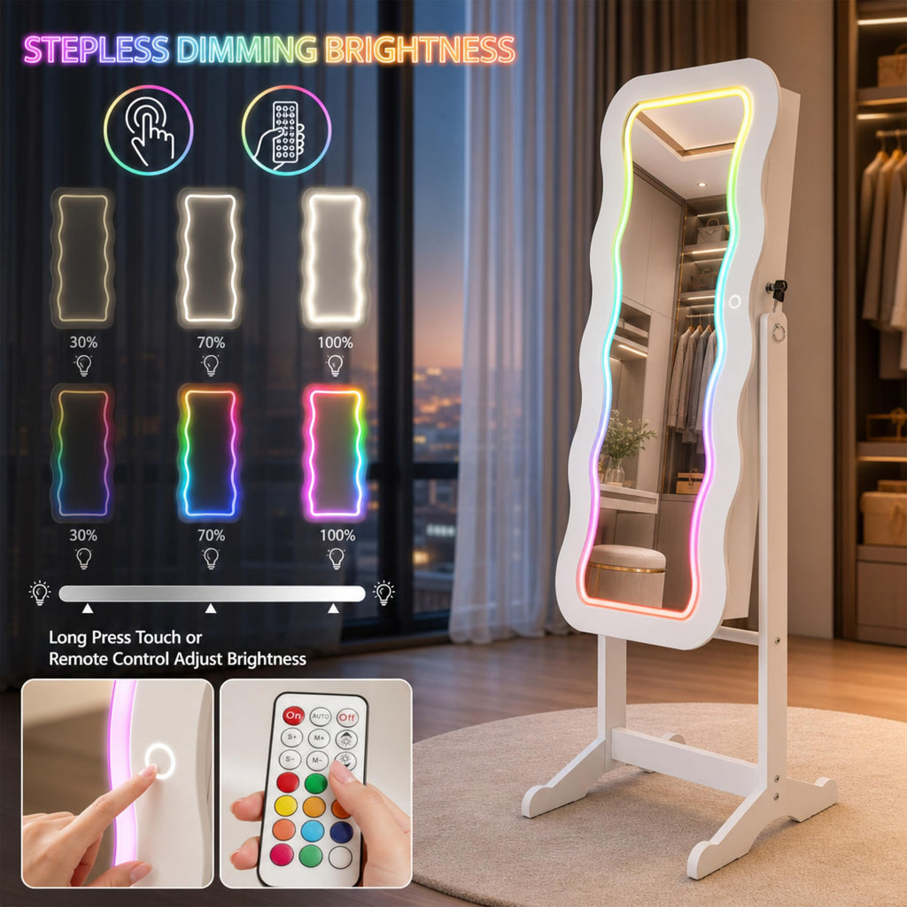 RGB Mirror Jewelry Cabinet, Remote Control LED Mirror with Storage
