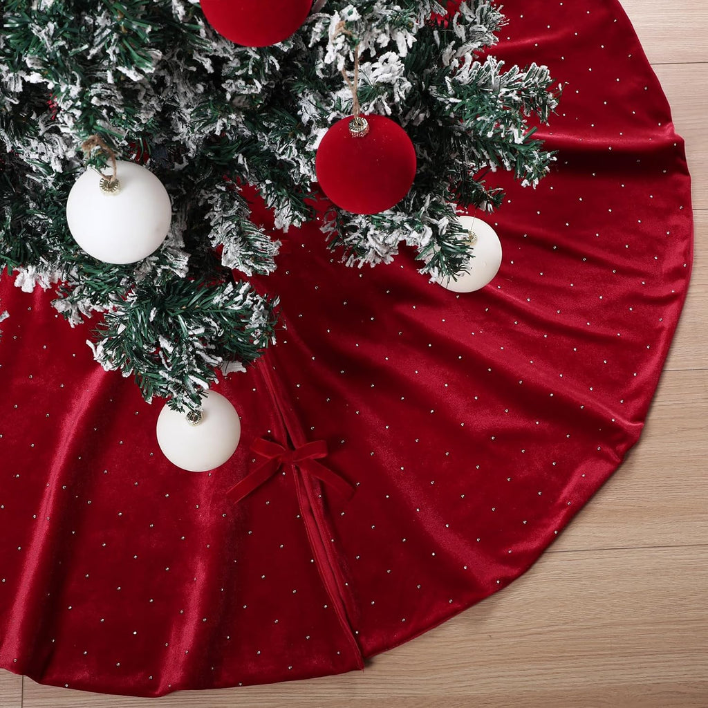48" Christmas Tree Skirt Velvet Plush,Burgundy Red,Diamonds