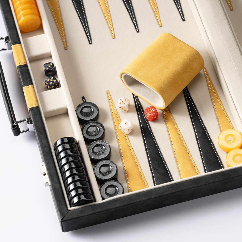 15inch Backgammon Sets for Adults, Classic Backgammon Board with Unique Checkers Dice, Faux Leather Exterior