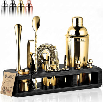 Gold Bartender Kit - Stainless-Steel Cocktail Shaker Set w/Black Bamboo Stand - Mixology Bar Tools w/Drink Shaker - Set of 23